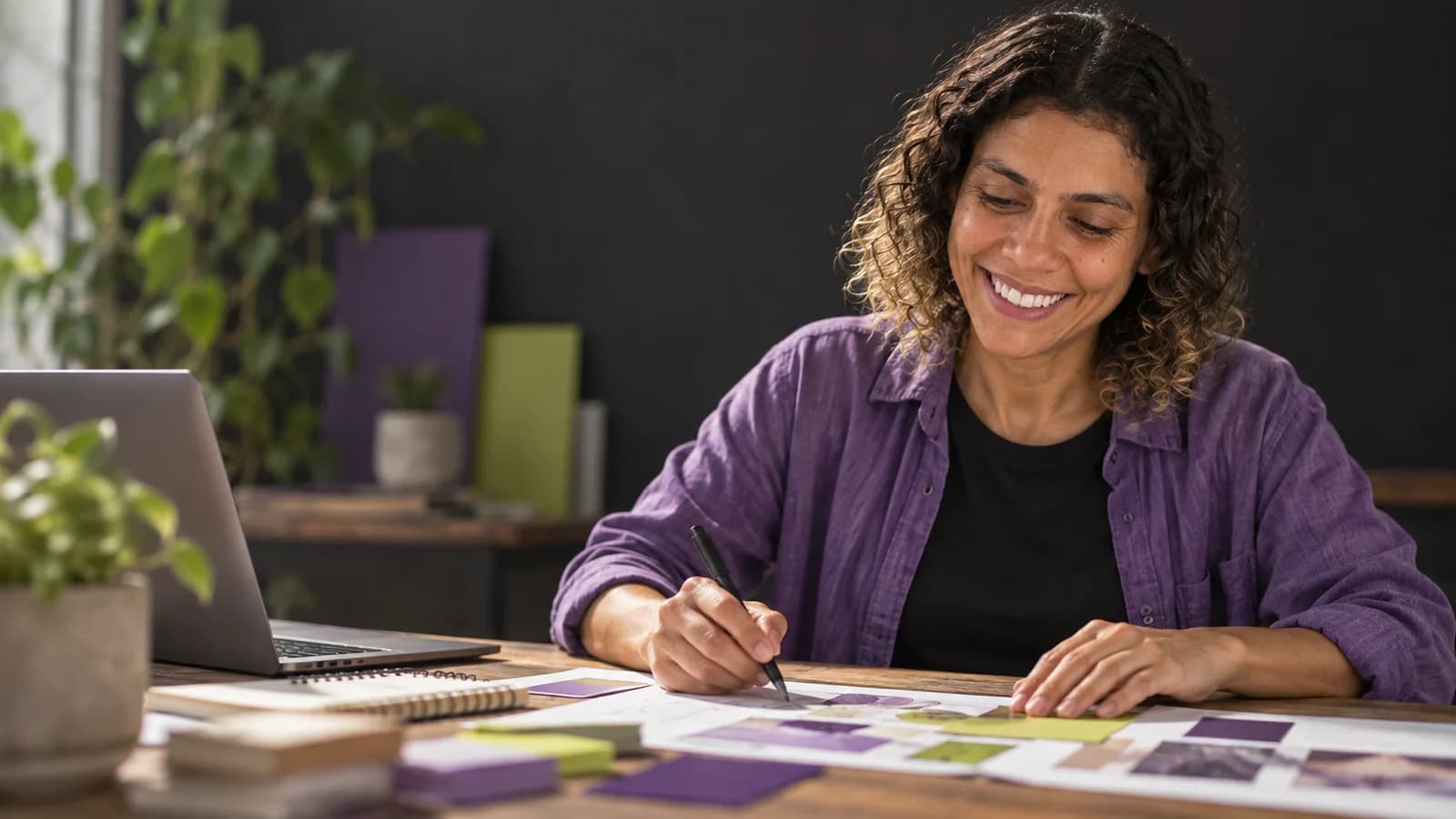 Composição editorial de Camila desenvolvendo estudos visuais, produzida com IA